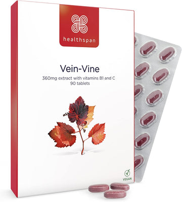 Healthspan Vein Vine Leg Vein Support 360Mg (90 Tablets) | For Tired & Heavy Legs | Maintains Healthy Leg-Vein Functions | Red Vine Leaf Extract | Added Vitamins B1 & C | Vegan