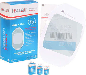 Healqu Transparent Film Dressing, 6" X 8" Pack Of 10 Waterproof Wound Bandage Adhesive Patches, Post Surgical Shower Or Iv Shield, Tattoo Aftercare Bandage By Healqu