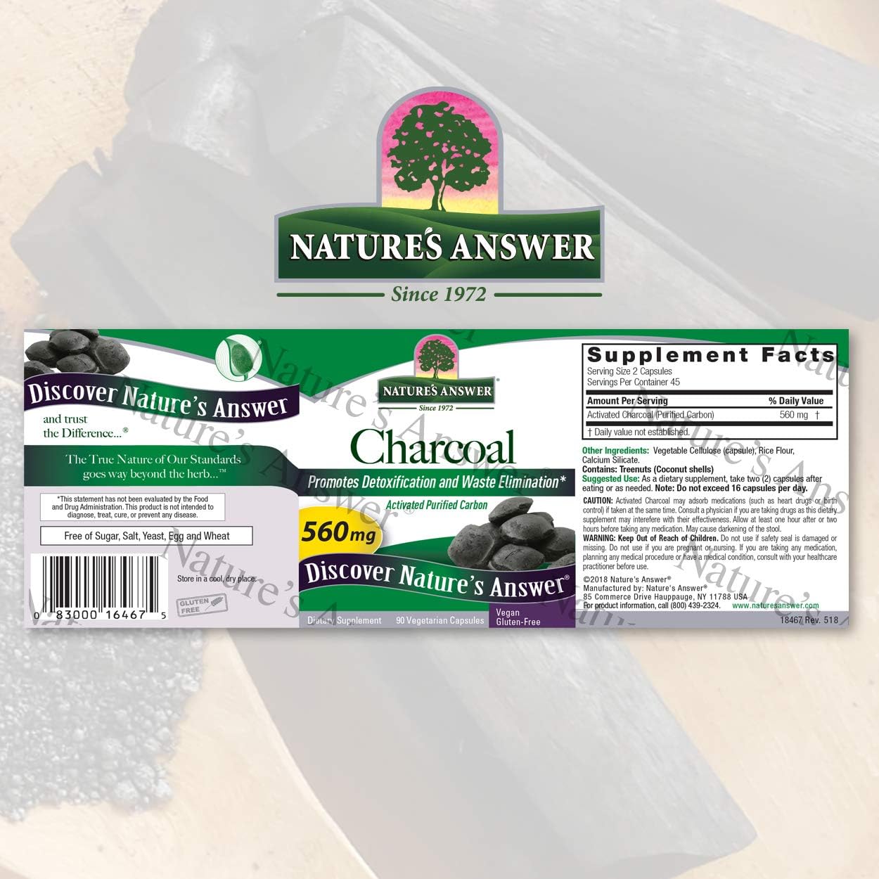 Nature's Answer Activated Charcoal 560mg 90-Capsules | Naturally Promotes Detoxification & Waste Elimination | Vegan, Gluten & Alcohol-Free, No Preservatives or Artificial avors | Single Count