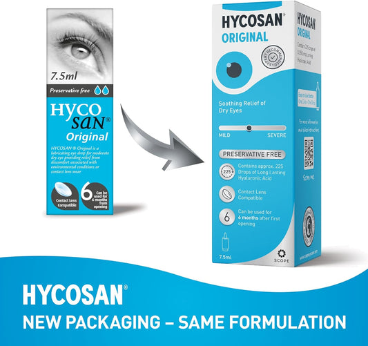 Hycosan Original - Triple Pack - Preservative Free Eyedrops - Sodium Hyaluronate 0.1% - Eye Drops for Mild to Moderate Dry Eye Symptoms and Contact Lens Irritation - 3x7.5ml : Amazon.co.uk: Health & Personal Care