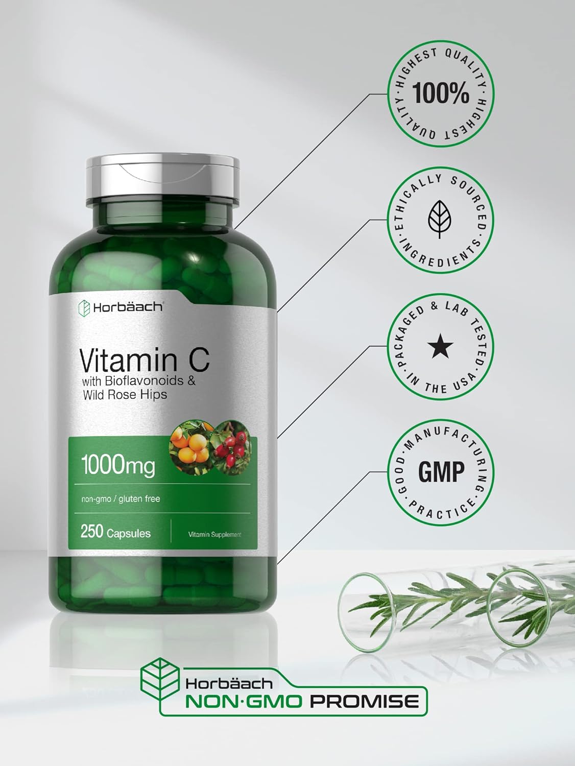 Horbäach Vitamin C 1000mg | 250 Capsules | with Bioflavonoids and Rose HIPS | Non-GMO, Gluten Free Supplement | High Strength Formula : Health & Household