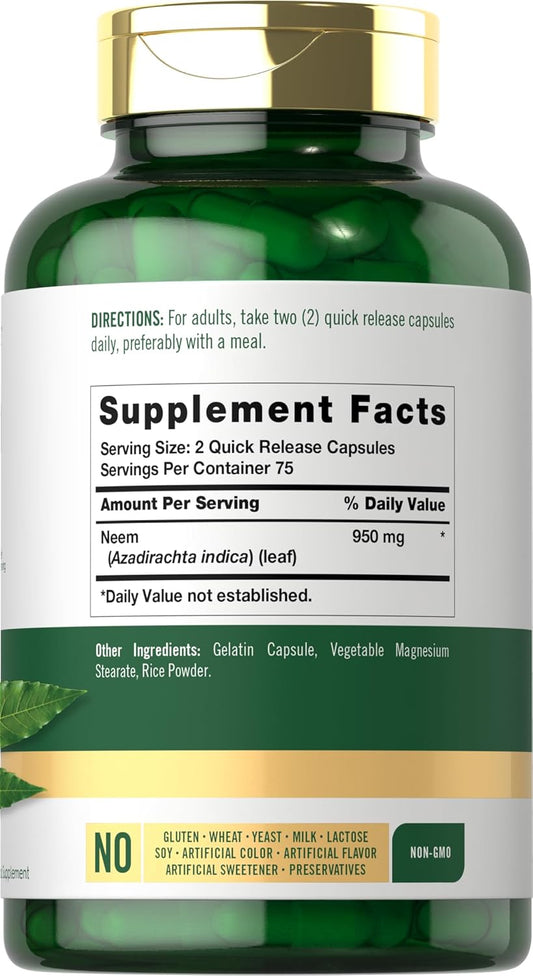 Carlyle Neem Leaf | 950Mg | 150 Powder Capsules | Non-Gmo And Gluten Free Formula | Value Size | Traditional Herbal Supplement | Azadirachta Indica