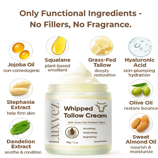Beef Tallow Cream For Skin: Grass-Fed Whipped Tallow Balm With Squalane Jojoba Oil - All Natural Skincare Whipped Moisturizer For Face & Body - For Mature, Dry Or Sensitive Skin – 4Oz