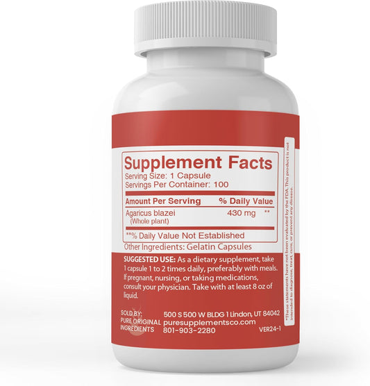 Pure Original Ingredients Agaricus, (100 Capsules) Always Pure, No Additives Or Fillers, Lab Verified