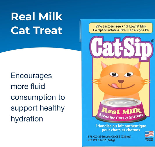 Pet-Ag Cat-Sip Real Milk Treat - 8 oz - Ready-to-Feed Snack for Cats & Kittens - Easy to Digest with 99% Lactose-Free, Low-Fat Grade A Milk - Encourages Hydration - Promotes Eye & Heart Health