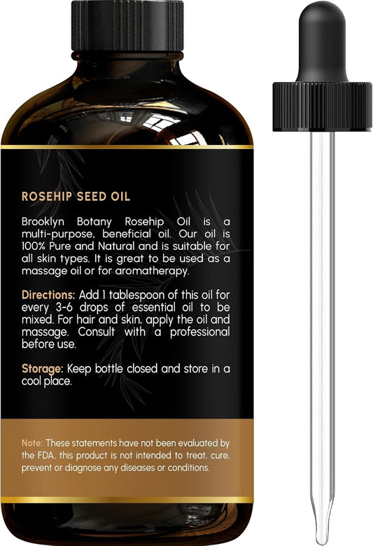 Brooklyn Botany Rosehip Oil For Face, Skin And Hair - 100% Pure And Natural - Carrier Oil For Essential Oils, Aromatherapy, Massage And Body - 4 Fl Oz