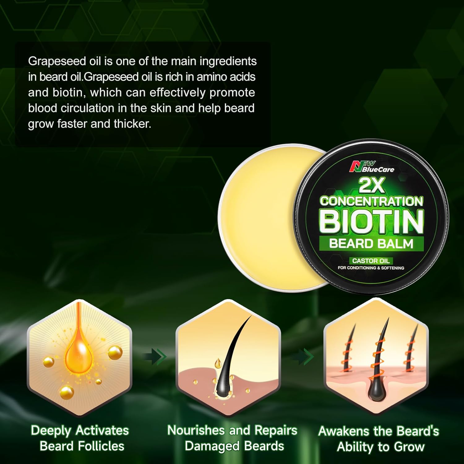 Beard Balm-2X Concentration Biotin -Styles, Growth, Strengthens & Softens Beards And Mustaches - Natural Beard Conditioner Wax With Organic Shea Butter, Argan & Jojoba Oils