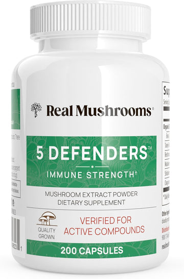 Real Mushrooms 5 Defenders Capsules - Organic Mushroom Extract W/ Chaga, Shiitake, Maitake, Turkey Tail, & Reishi - Mushroom Supplement - Vegan, Non-Gmo