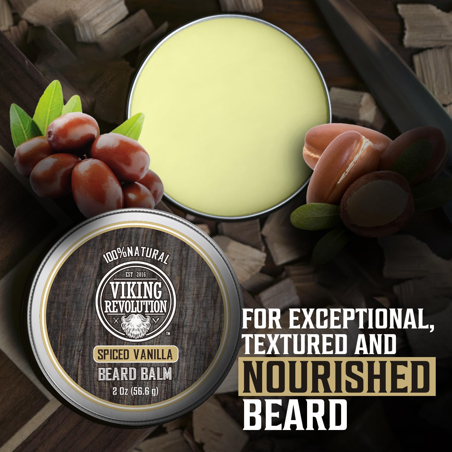 Viking Revolution Spiced Vanilla Beard Balm - Beard Butter with Argan Oil, Beard Softener for Men with Jojoba Oil - Beard Moisturizer for Men with Beeswax - Beard Wax for Men (2oz, 2 Pack) : Beauty & Personal Care