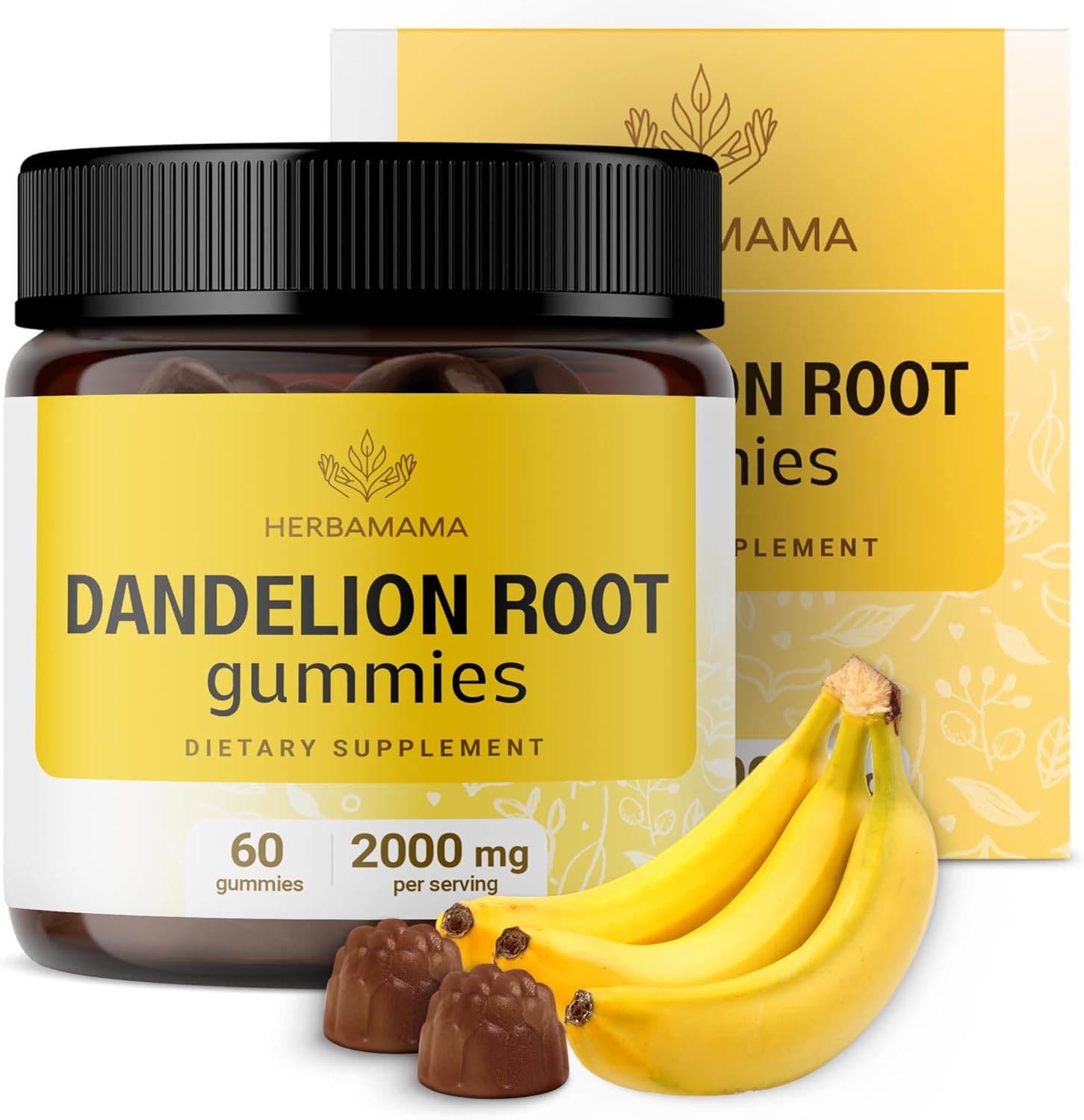 Herbamama Dandelion Root Supplement - 2000 Mg Liver Detox Gummies - Dandelion Root Liver Support Supplement - Vegan, Gelatin-Free, Non-Gmo - 60 Banana-Flavored Chews