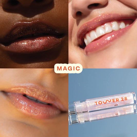 Tower 28 Shineon Lip Jelly, Magic, Non-Sticky Lip Gloss, Clear With Gold Shimmer Vegan Lip Gloss, Moisturizing Apricot And Raspberry Seed Oil, Cruelty Free