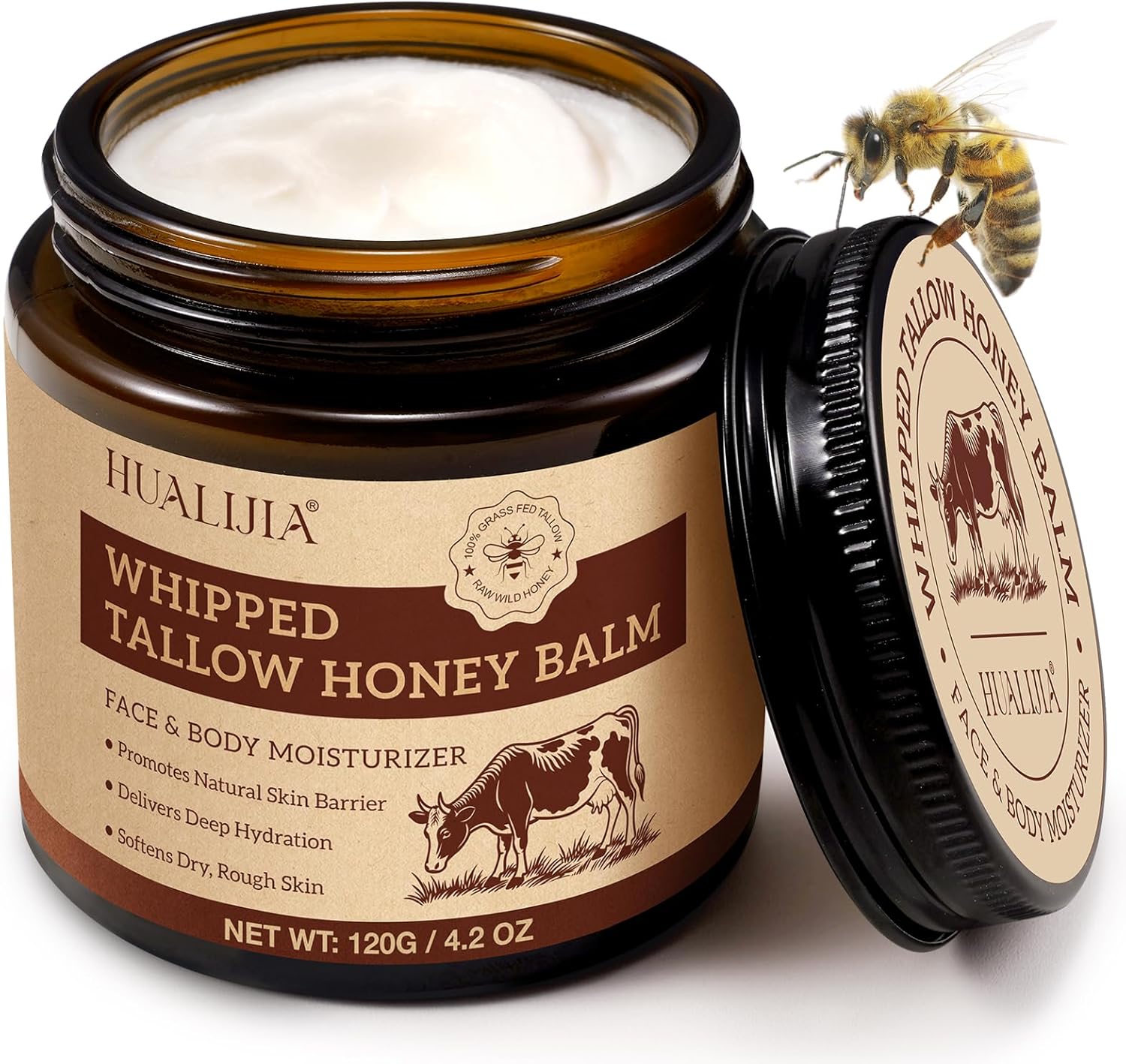 Tallow And Honey Balm (120G), Beef Tallow For Skin, Tallow Face Moisturizer, Organic Grass Fed Whipped Beef Tallow Cream, Deeply Hydrates And Moisturizes Face Body, Fast Absorption, Glass Bottle