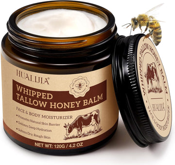 Tallow And Honey Balm (120G), Beef Tallow For Skin, Tallow Face Moisturizer, Organic Grass Fed Whipped Beef Tallow Cream, Deeply Hydrates And Moisturizes Face Body, Fast Absorption, Glass Bottle