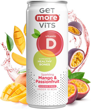 Get More Vits Flavoured Water - Sparkling Mango & Passionfruit With Vitamin D & Calcium - Low Calorie, Sugar Free, & Vegetarian Spring Water For Adults & Kids - 330Ml Cans, Pack Of 12