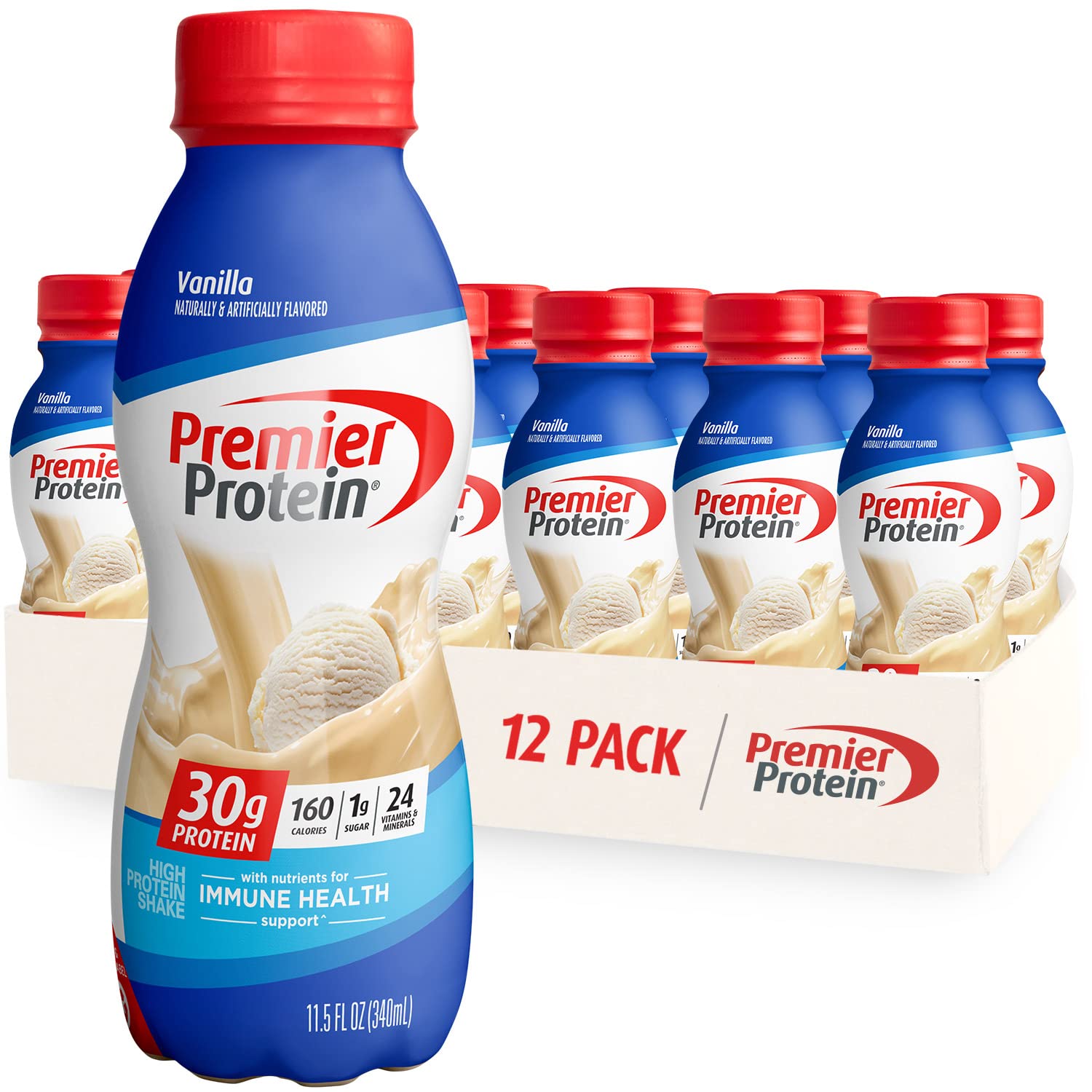 Premier Protein Shake, Vanilla, 30G Protein, 1G Sugar, 24 Vitamins & Minerals, Nutrients To Support Immune Health 11.5 Fl Oz, 12 Pack