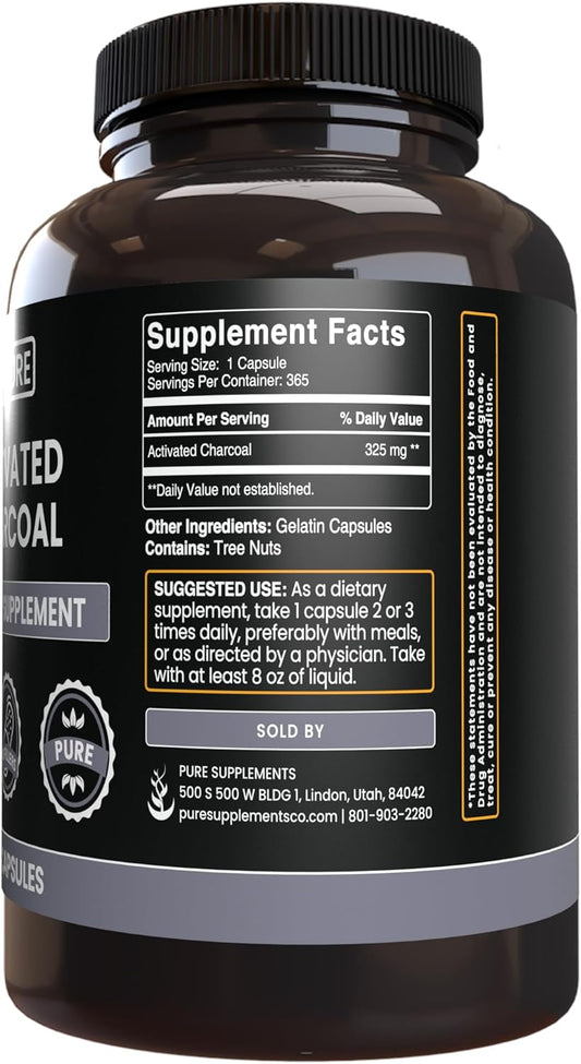 Pure Original Ingredients Activated Charcoal, No Magnesium Or Rice Fillers, Always Pure, Lab Verified (365 Count)