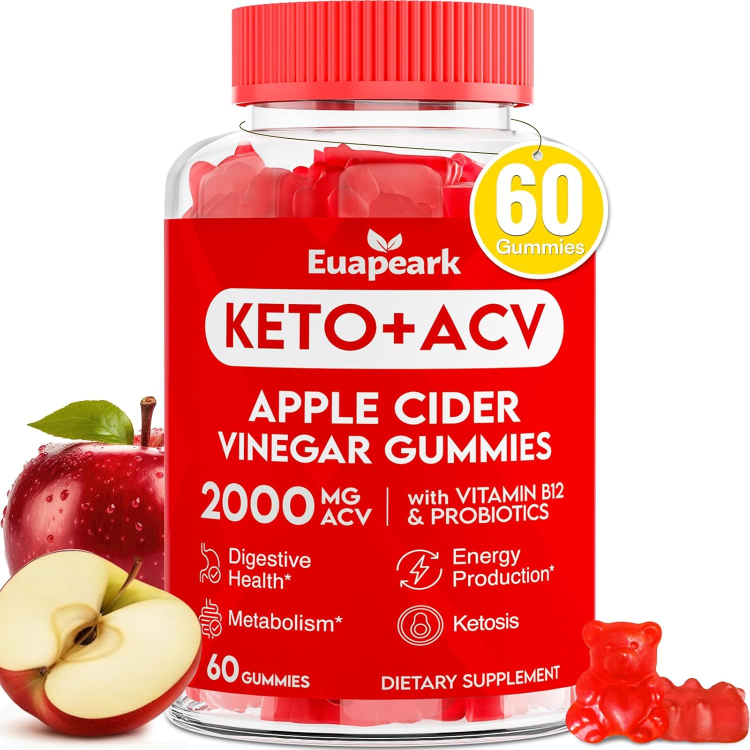 Apple Cider Vinegar Gummies, Keto Acv Gummies With Probiotics, Vitamin B12 & Keto Support, 2000 Mg Acv With Mother For Digestion, Metabolism, Cleanse & Detox Diet, Vegan, Low Sugar, 60 Counts