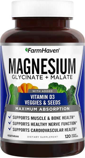 FarmHaven Magnesium Glycinate & Malate Complex w/Vitamin D3, 100% Chelated for Max Absorption, Vegetarian ? Bone Health, Nerves, Muscles, 120 Capsules, 60 Days