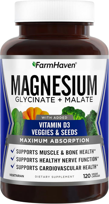 Farmhaven Magnesium Glycinate & Malate Complex W/Vitamin D3, 100% Chelated For Max Absorption- Bone Health, Nerves, Muscles, 240 Capsules, 120 Days