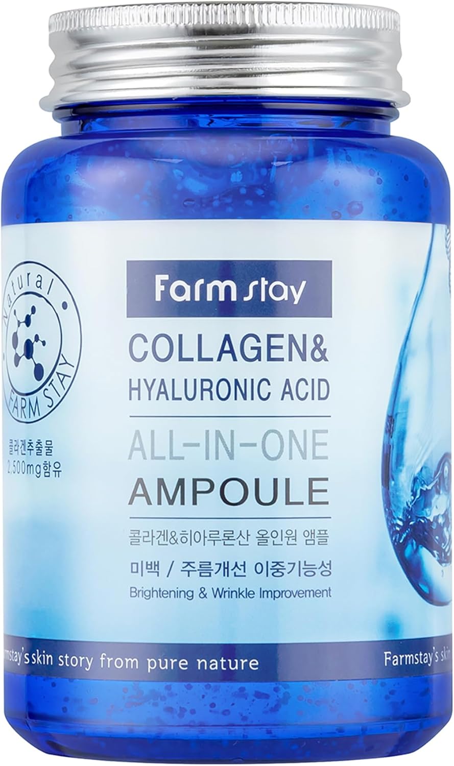 Farmstay Collagen And Hyaluronic Acid All-In-One Ampoule - Face Serum Reduces Fine Lines And Wrinkles - Serum For Face With Marine Collagen - 8.45 Oz