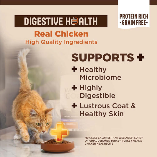 Wellness Core+ Digestive Health Wholesome Grains Probiotic Coated High Protein Dry Cat Food, Chicken & Rice Recipe, 5 Pound Bag