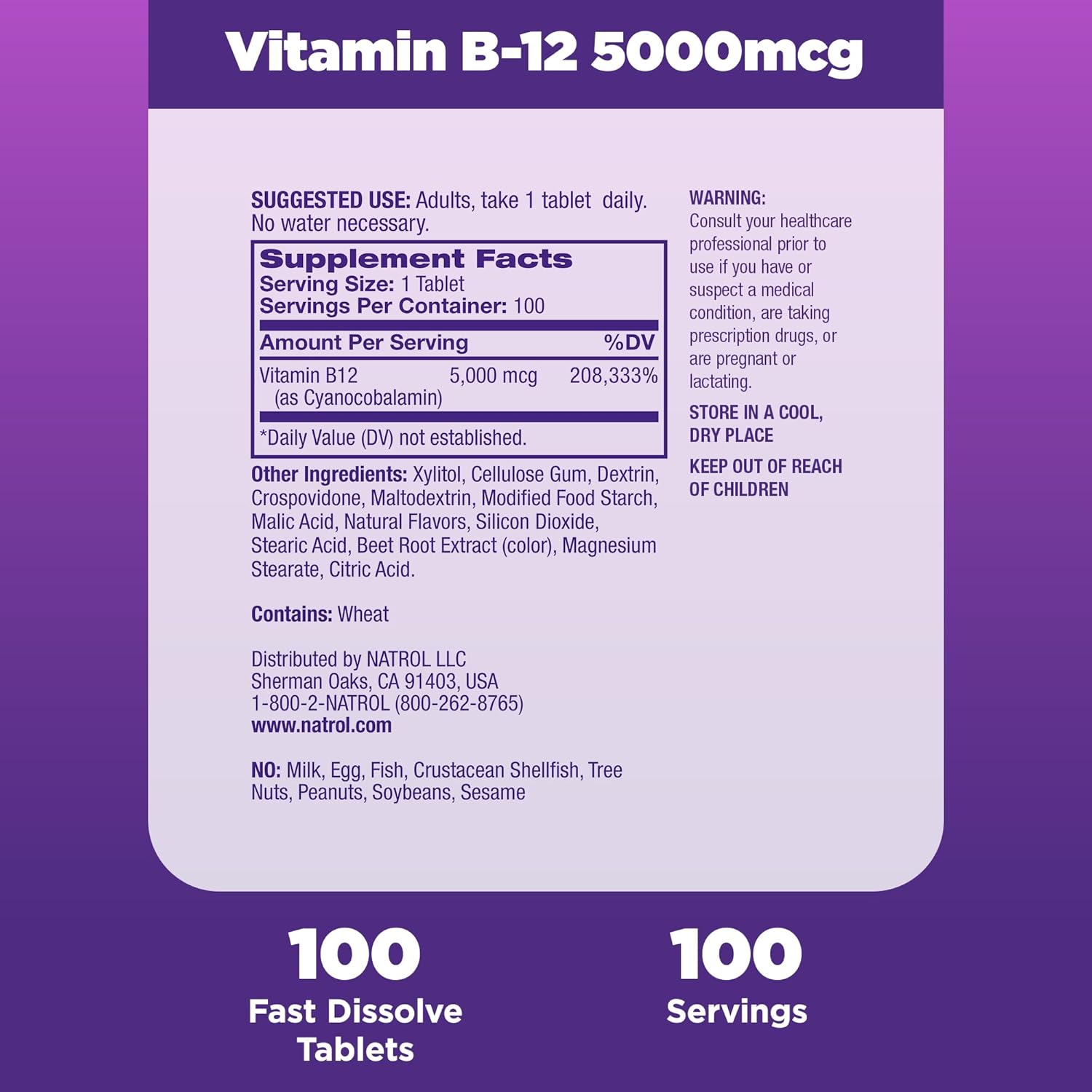 Natrol Vitamin B12 Fast Dissolve Tablets, Promotes Energy, Supports a Healthy Nervous System, Maximum Strength, Strawberry Flavor, 5,000mcg, 100 Count : Health & Household