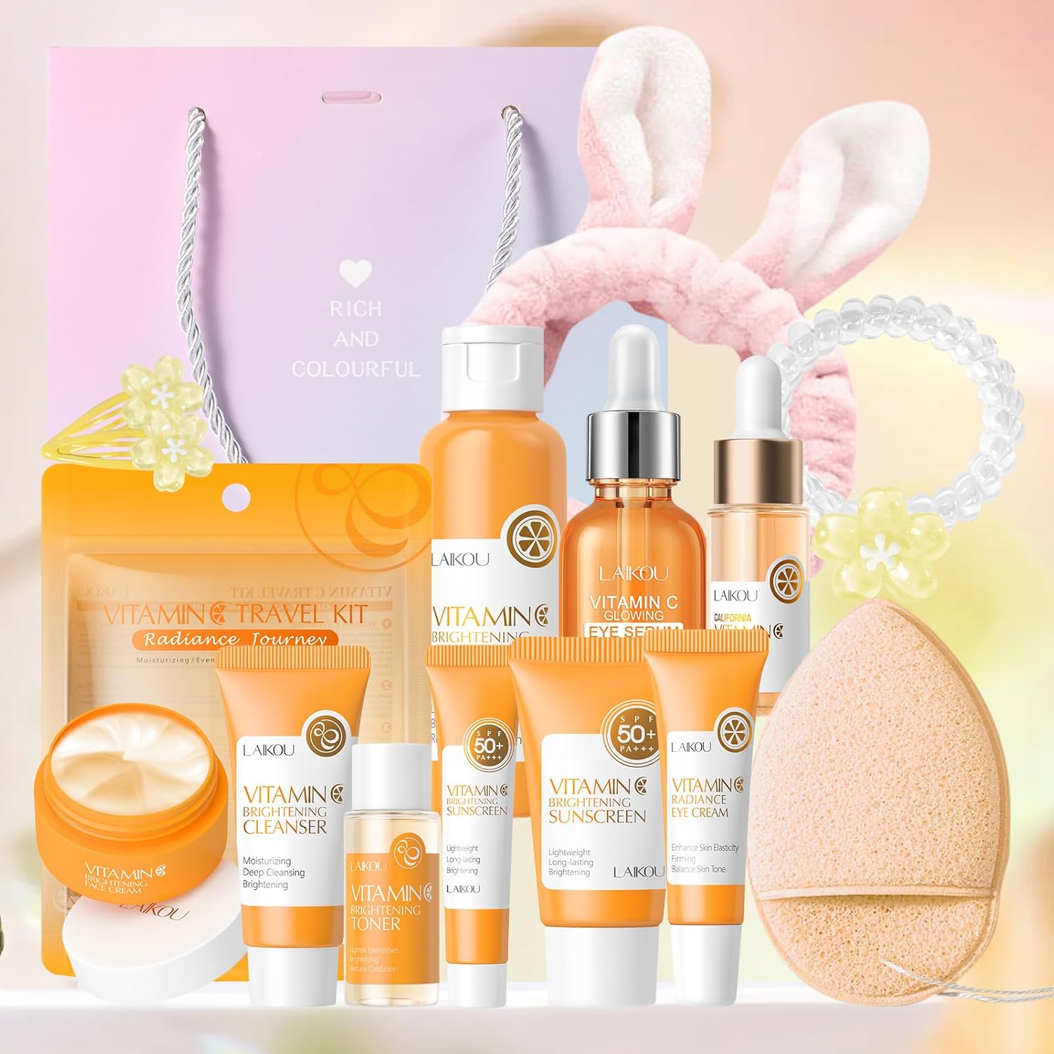 Laikou Skincare Set, Vitamin C Face Care Kit With Cleanser,Toner,Serum,Eye Cream,Moisturiser,Spf50 Sunscreen,Sheet,Eye,Lip & Clay Mask, Hydrating, Even Skin Tone, Travel Gift For Teen, Women & Men