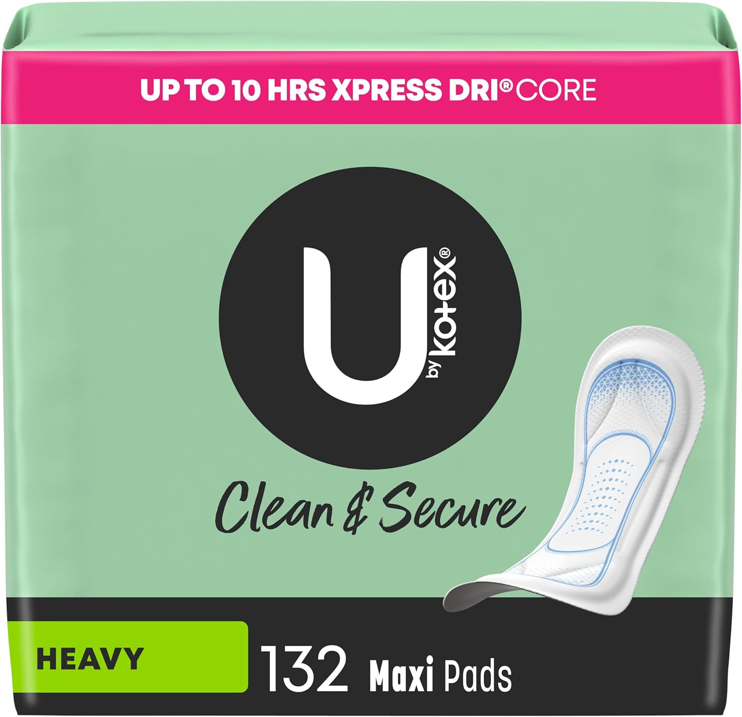 U By Kotex Clean & Secure Maxi Pads, Heavy Absorbency, 132 Count (3 Packs Of 44) (Packaging May Vary)