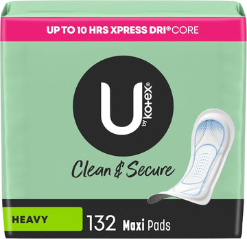 U By Kotex Clean & Secure Maxi Pads, Heavy Absorbency, 132 Count (3 Packs Of 44) (Packaging May Vary)