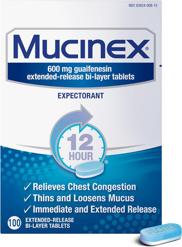 Mucinex 12 Hour 600 Mg Guaifenesin Extended-Release Tablets For Excess Mucus Relief, Expectorant Aids Excess Mucus Removal, Chest Congestion Relief, 100 Bi-Layer Tablets