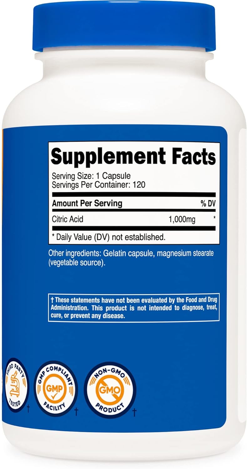 Nutricost Citric Acid 1000mg (1 Gram), 120 Capsules - Gluten Free, Non-GMO