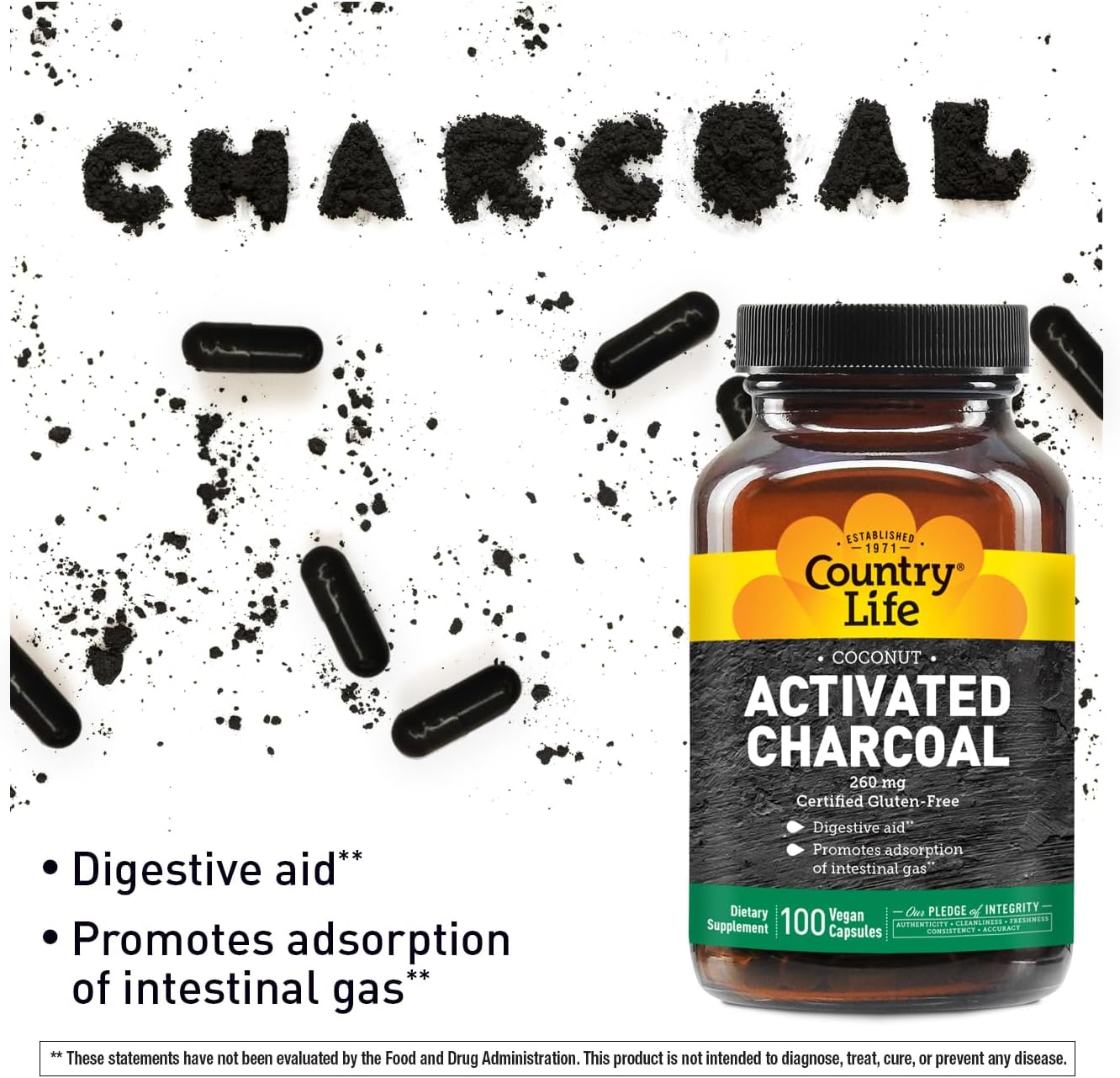 Country Life Coconut Activated Charcoal Capsules, 260Mg – Natural Charcoal Supplement For Gas And Bloating Relief - Gluten-Free, 100 Vegan Capsules : Health & Household