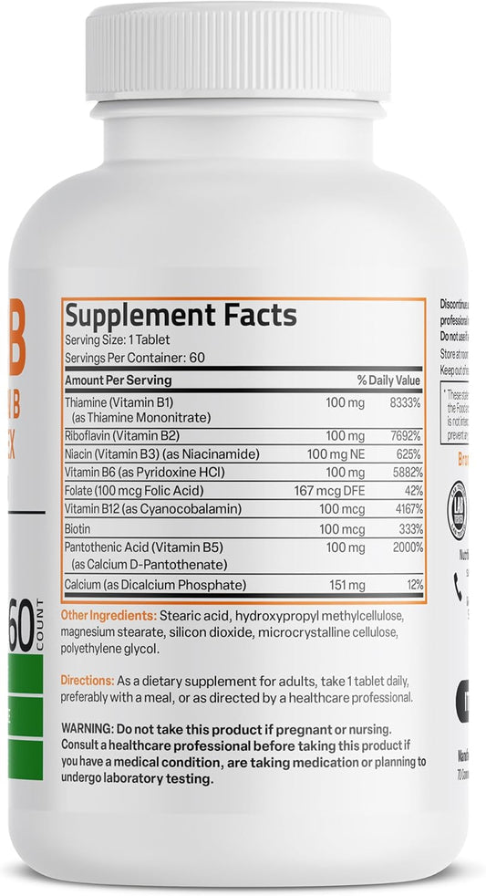 Bronson Vitamin B 100 Complex High Potency Sustained Release (Vitamin B1, B2, B3, B6, B9 - Folic Acid, B12), 60 Tablets