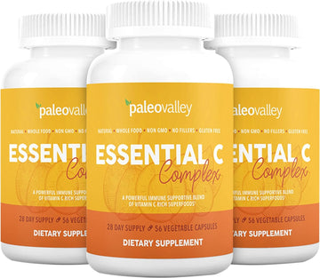 Paleovalley Essential C Complex - Vitamin C Supplement for Immune Support - 3 Pack, 450mg - From Organic Superfoods Unripe Acerola Cherry, Camu Camu, Amla Berry - No Synthetic Ascorbic Acid - USA Made