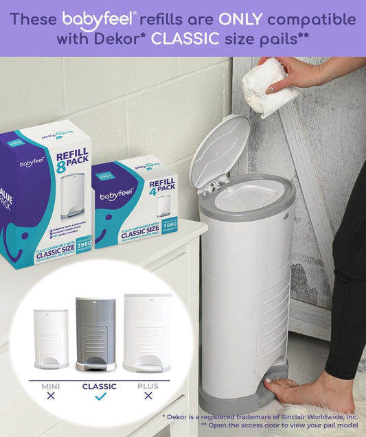Babyfeel Refills Compatible With Dekor Classic Diaper Pails | 8 Pack | Exclusive 30% Extra Thickness | Diaper Pail Refills With Powerful Odor Elimination | Powder Scent | Holds Up To 3960 Diapers