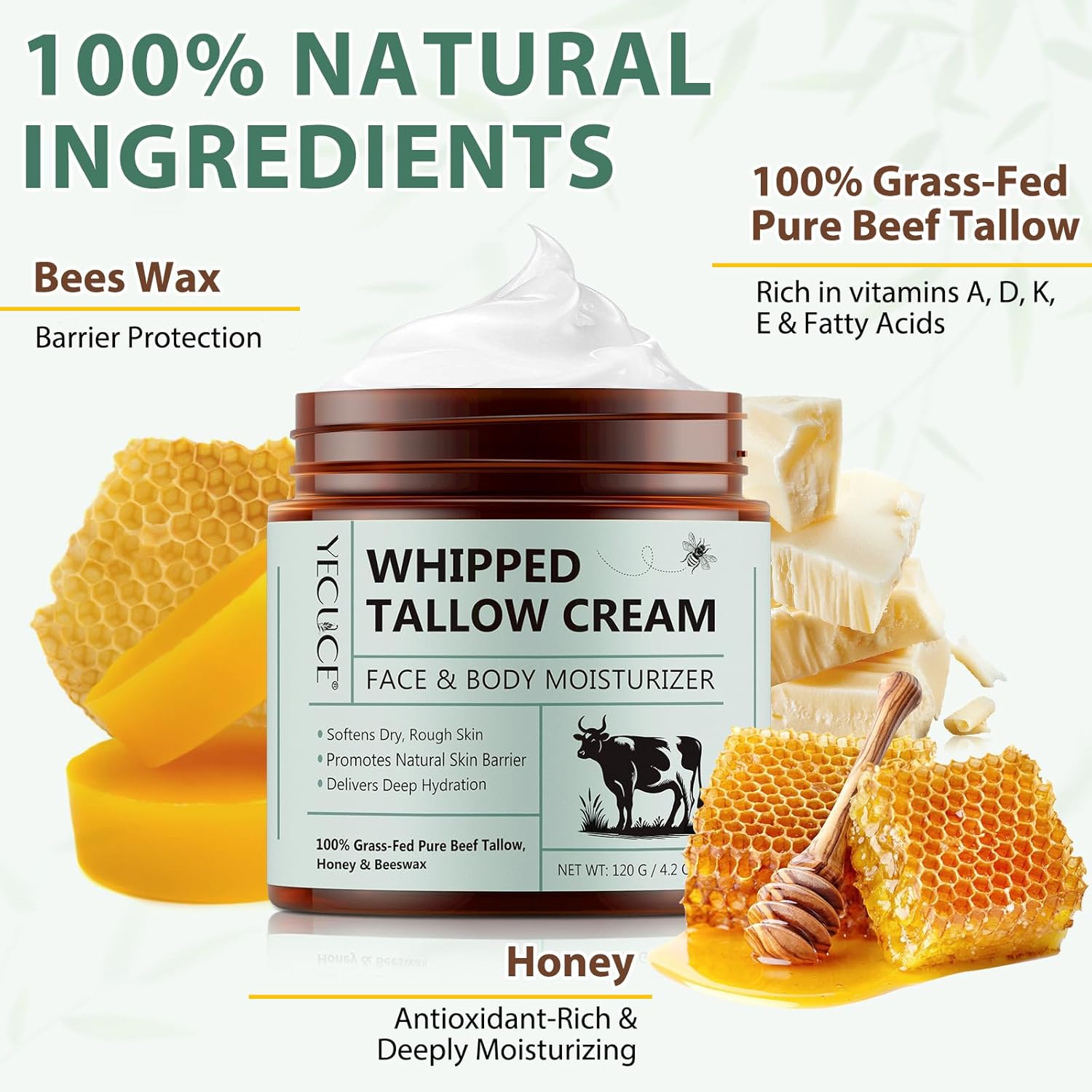 Beef Tallow For Skin, Tallow And Honey Balm (4.2 Oz) - Whipped Grass-Fed Beef Tallow For Face - Deeply Hydrating Tallow Face Moisturizer For Body - All-Natural Organic Balm With Honey & Beeswax