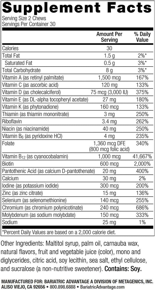 Bariatric Advantage Multi Chewy Bite - Soft Chew Multivitamin For Bariatric Surgery Patients - Chewable Multivitamin With Folic Acid, Vitamin D3 & More - Tropical Orange Flavor - 60 Count