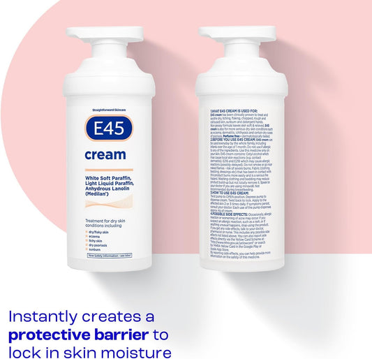 E45 Cream For Dry, Flaky Skin, Suitable for Eczema, Itchy Skin, Dry Psoriasis, Sunburn, 500g Moisturiser Pump
