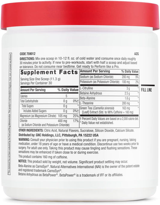 Gnc Pro Performance Pre Workout Powder For Men And Women, Energy, Hydration, And Focus, Sugar Free, Gluten Free, Performance Supplement, Blue Raspberry, 30 Servings