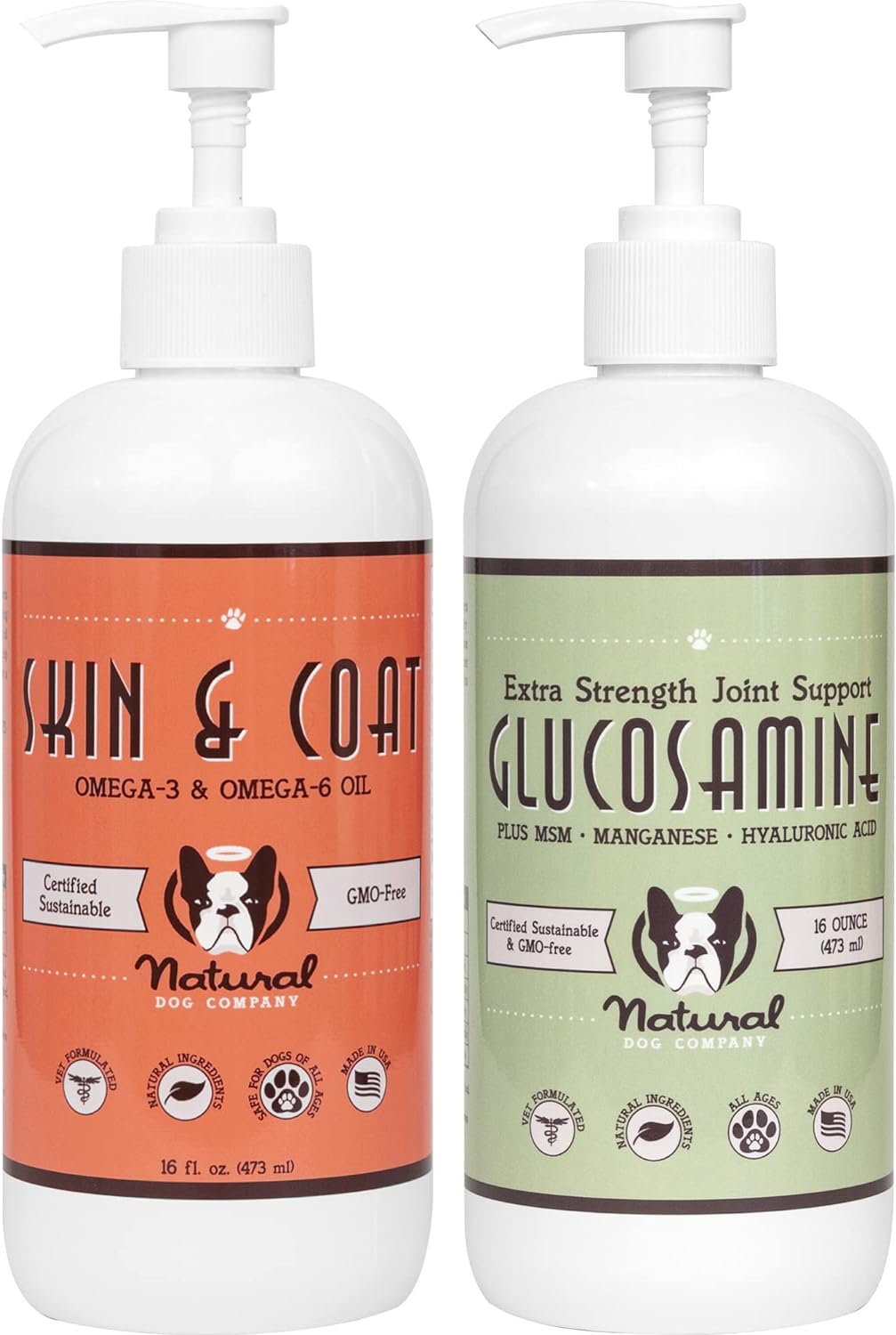 Healthy Joints, Skin and Coat Bundle for Dogs, Includes (1) 16 oz Bottle Natural Dog Company Skin and Coat Oil, (1) 16 oz Bottle Liquid Glucosamine, Food Topper, Dog's Fish Oil Supplement