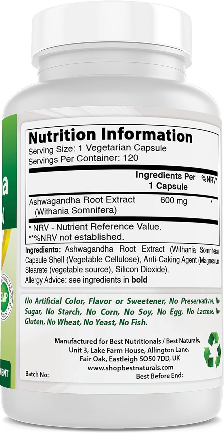 Best Naturals Ashwagandha Capsules for Relaxing Stress and Mood, 500 mg, 120 Count (Packaging may vary) : Health & Household