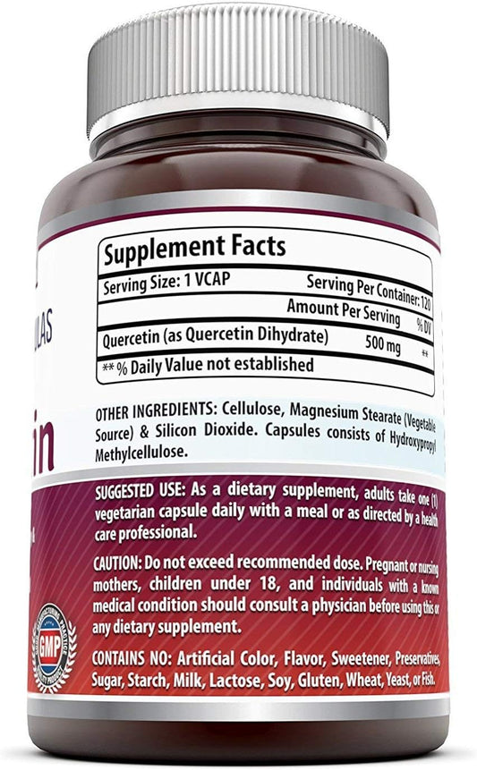 Amazing Formulas Quercetin 500 Mg, 120 VCaps - Dietary Supplement, Vegan Capsules, Non-GMO, Gluten Free - Optimal With A Balanced Diet and Regular Exercise