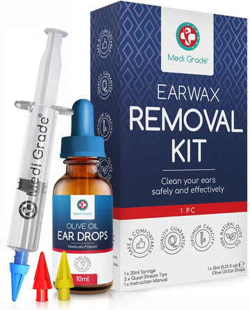 Medi Grade Ear Wax Removal Kit With Ear Syringe And Olive Oil Ear Wax Drops - Reusable Ear Irrigation Flushing System For Home Use - Includes 3 Quad-Stream Tips For Comfortable Ear Cleaning