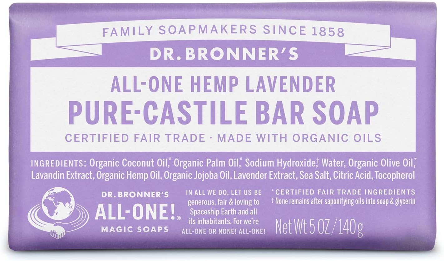 Dr. Bronner's - Pure-Castile Bar Soap (Lavender, 5 ounce) - Made with Organic Oils, For Face, Body and Hair, Gentle and Moisturizing, Biodegradable, Vegan, Cruelty-free, Non-GMO