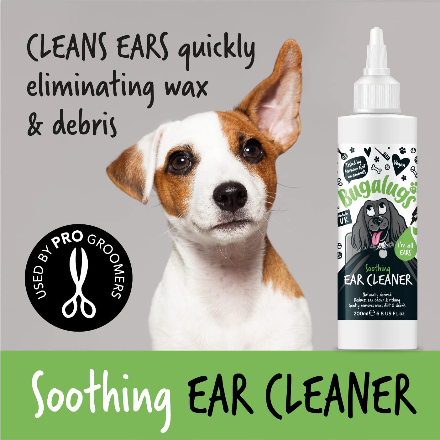 BUGALUGS Ear Cleaner, Dog & Cat Ear Cleaner Solution Softens & Removes Wax, Remedy For Ear Hygiene, Non-Toxic Dog & Cat Ear Drops, Alcohol-Free Stop Head Shaking with Easy Applicator :Pet Supplies