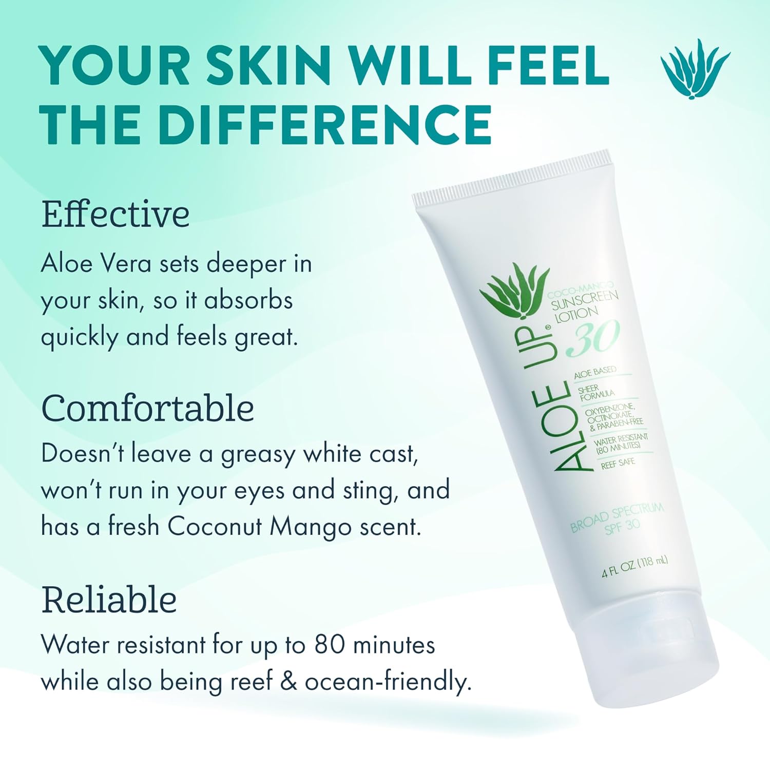 Aloe Up White Collection Sunscreen Lotion Spf 30 - Broad Spectrum Uva/Uvb Sunblock For Face And Body - With Aloe Vera Gel - Alcohol-Free - Reef-Friendly - Coco-Mango Fragrance - 4 Oz : Beauty & Personal Care