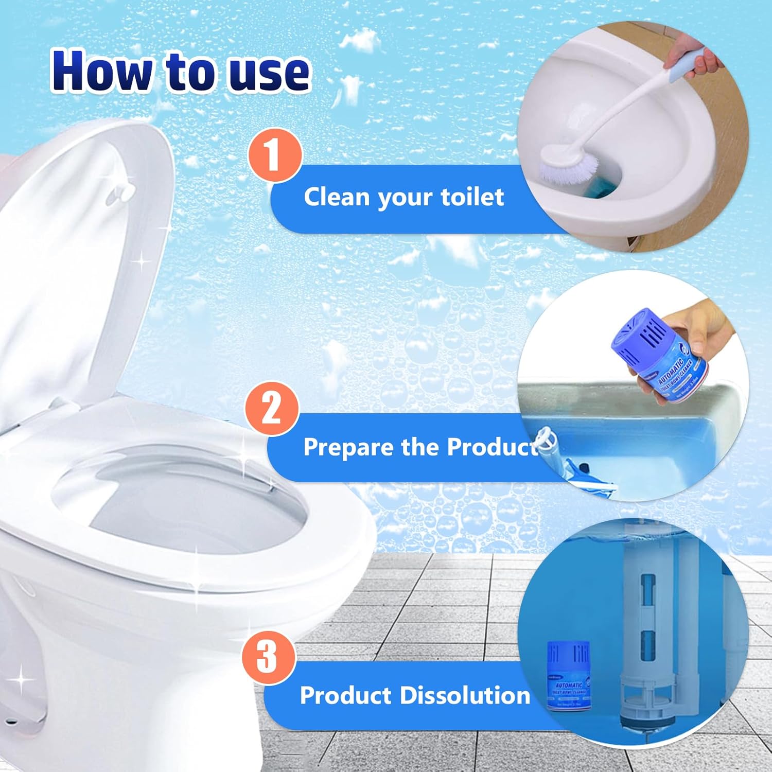 Oceanbreezy Toilet Bowl Cleaners 3 Bottles | Automatic Long-Lasting Blue Toilet Cleaner Tablets, Septic Safe Toilet Bowl Tablets In Bottles | Larger Capacity | Prevent Stain Buil(2800 Flushes Each) : Health & Household