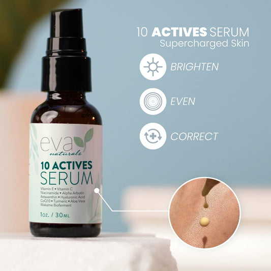 10 Actives Facial Serum (1oz) - Radiance & Tone Enhancing Complex - With Niacinamide, Vitamin C, and Hyaluronic Acid - Hydrating and Brightening Serum for All Skin Types