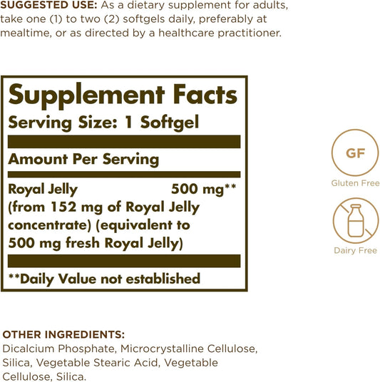 Solgar Royal Jelly "500" - 60 Softgels - Gluten Free, Dairy Free - 60
