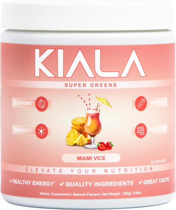 Kiala Nutrition Super Greens, Organic Greens Powder With Spirulina & Chlorella For Digestion, Gut Health, Immunity & Energy, Gluten Free, Vegan, Daily Support For Women, Miami Vice Flavor, 30 Servings